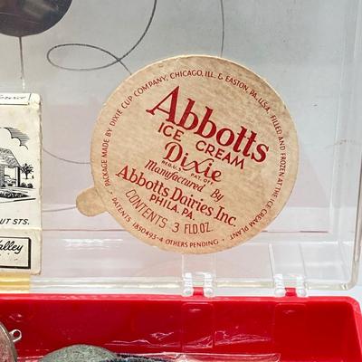 LOT 177: Antique / Vintage Collection - Abbotts Dairy (June Allyson) Bottle Lid / Pins, Jewelry, Pocket Postal Scales, Farmers'...