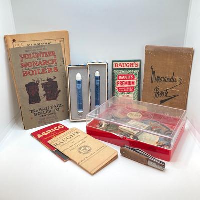 LOT 177: Antique / Vintage Collection - Abbotts Dairy (June Allyson) Bottle Lid / Pins, Jewelry, Pocket Postal Scales, Farmers'...