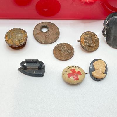 LOT 177: Antique / Vintage Collection - Abbotts Dairy (June Allyson) Bottle Lid / Pins, Jewelry, Pocket Postal Scales, Farmers'...