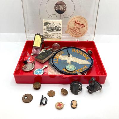 LOT 177: Antique / Vintage Collection - Abbotts Dairy (June Allyson) Bottle Lid / Pins, Jewelry, Pocket Postal Scales, Farmers'...