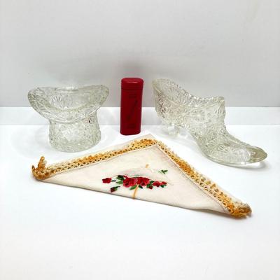 LOT 178: Vintage Beautiful Raumschmuck Made in West Germany Wall Hanging Plaque, Hand Vanity Mirror, Daisy Snowflake Glass Shoe / Hat,...
