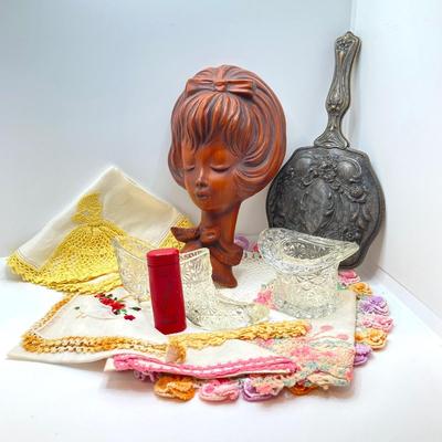 LOT 178: Vintage Beautiful Raumschmuck Made in West Germany Wall Hanging Plaque, Hand Vanity Mirror, Daisy Snowflake Glass Shoe / Hat,...
