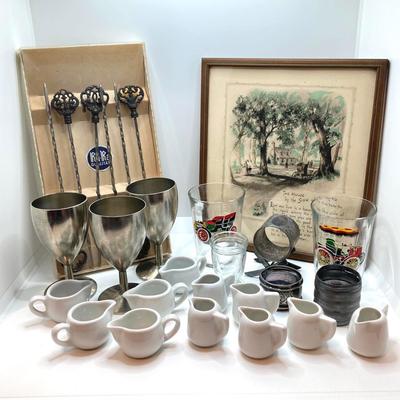 LOT 179: Vintage Metawa Holland Pewter Goblets, Metal Skewers, Framed Artwork "The House by the Side of the Road", Mini...