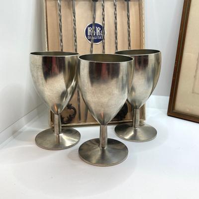 LOT 179: Vintage Metawa Holland Pewter Goblets, Metal Skewers, Framed Artwork "The House by the Side of the Road", Mini...