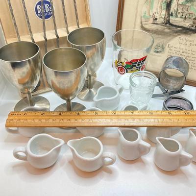 LOT 179: Vintage Metawa Holland Pewter Goblets, Metal Skewers, Framed Artwork "The House by the Side of the Road", Mini...