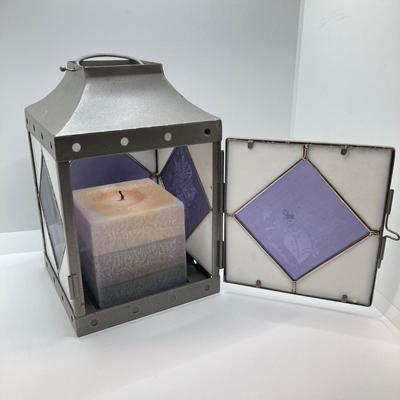 LOT 180: Stained Glass Lantern Candle Holder, Hydrangea Yankee Candle, "Little Kitchen" Framed Artwork and Decorative Storage /...