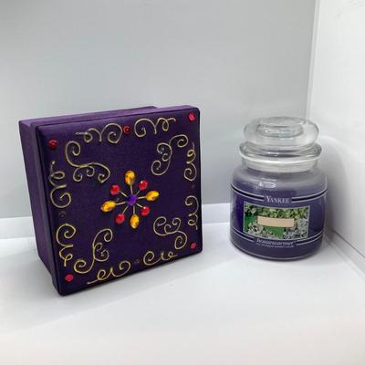 LOT 180: Stained Glass Lantern Candle Holder, Hydrangea Yankee Candle, "Little Kitchen" Framed Artwork and Decorative Storage /...