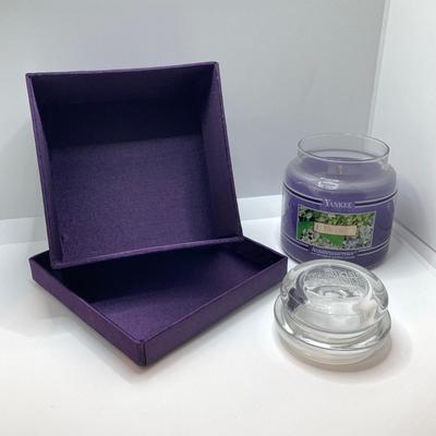 LOT 180: Stained Glass Lantern Candle Holder, Hydrangea Yankee Candle, "Little Kitchen" Framed Artwork and Decorative Storage /...