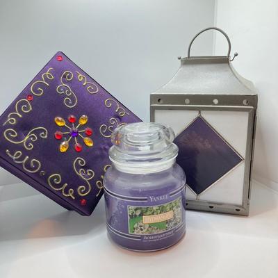 LOT 180: Stained Glass Lantern Candle Holder, Hydrangea Yankee Candle, "Little Kitchen" Framed Artwork and Decorative Storage /...