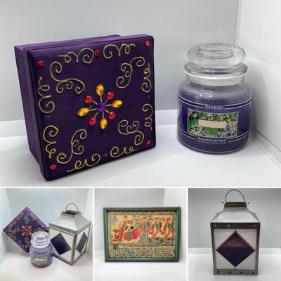 LOT 180: Stained Glass Lantern Candle Holder, Hydrangea Yankee Candle, "Little Kitchen" Framed Artwork and Decorative Storage /...