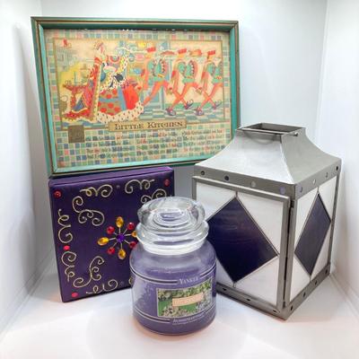 LOT 180: Stained Glass Lantern Candle Holder, Hydrangea Yankee Candle, "Little Kitchen" Framed Artwork and Decorative Storage /...