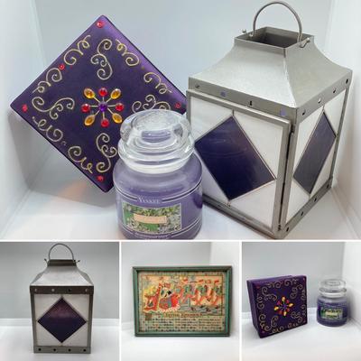 LOT 180: Stained Glass Lantern Candle Holder, Hydrangea Yankee Candle, "Little Kitchen" Framed Artwork and Decorative Storage /...
