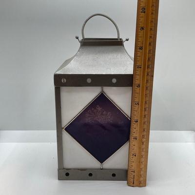 LOT 180: Stained Glass Lantern Candle Holder, Hydrangea Yankee Candle, "Little Kitchen" Framed Artwork and Decorative Storage /...