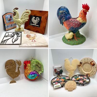 LOT 182: Large Decorative Rooster / Hen Collection - Cast Iron, Party-Lite and More
