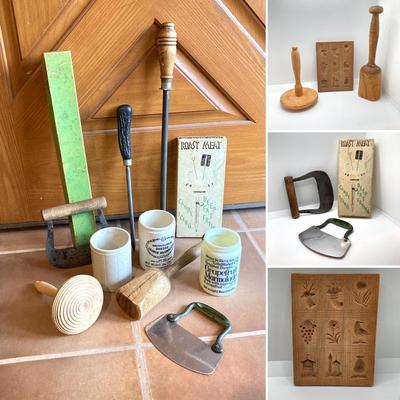 LOT 183: Primitive / Vintage Kitchen Collection - Wooden and Metal Utensils, Files, Jars and More