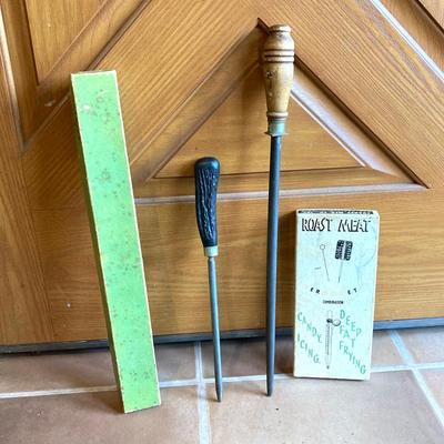 LOT 183: Primitive / Vintage Kitchen Collection - Wooden and Metal Utensils, Files, Jars and More