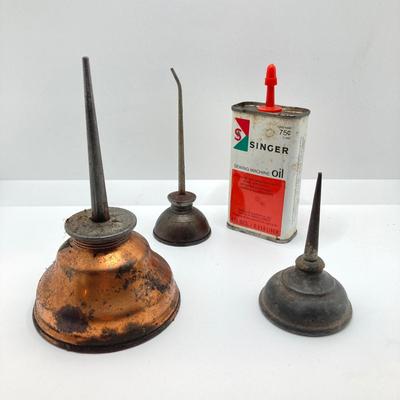 LOT 184: Collection of Vintage / Antique Miniature Glass Bottles, Oil Cans, Black Pantry Tin and More