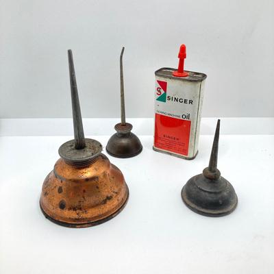 LOT 184: Collection of Vintage / Antique Miniature Glass Bottles, Oil Cans, Black Pantry Tin and More