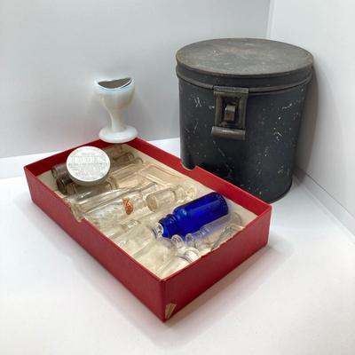 LOT 184: Collection of Vintage / Antique Miniature Glass Bottles, Oil Cans, Black Pantry Tin and More