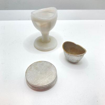 LOT 184: Collection of Vintage / Antique Miniature Glass Bottles, Oil Cans, Black Pantry Tin and More
