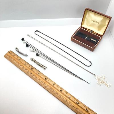 LOT 185: Vintage Jewelry (Hat Pins, File, Chains) - Sterling and More