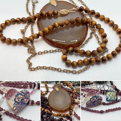 LOT 186: Vintage Pendant and Beaded Jewelry - Tiger's Eye Necklace with 14KT Clasp and 925 Sterling Included
