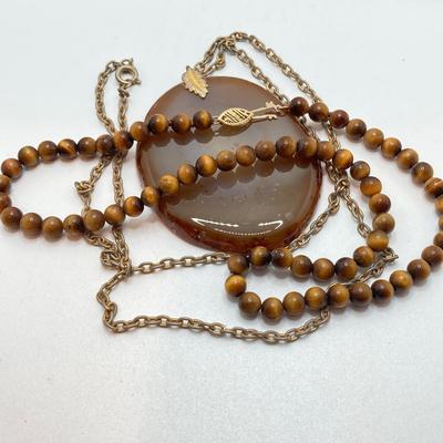 LOT 186: Vintage Pendant and Beaded Jewelry - Tiger's Eye Necklace with 14KT Clasp and 925 Sterling Included