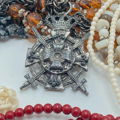 LOT 187: Vintage Signed Coro Double Sided Pendant Necklace, Beaded Necklaces, Mary Kay Charm and Scotland Scarf