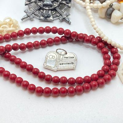 LOT 187: Vintage Signed Coro Double Sided Pendant Necklace, Beaded Necklaces, Mary Kay Charm and Scotland Scarf
