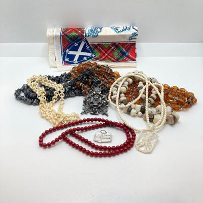 LOT 187: Vintage Signed Coro Double Sided Pendant Necklace, Beaded Necklaces, Mary Kay Charm and Scotland Scarf