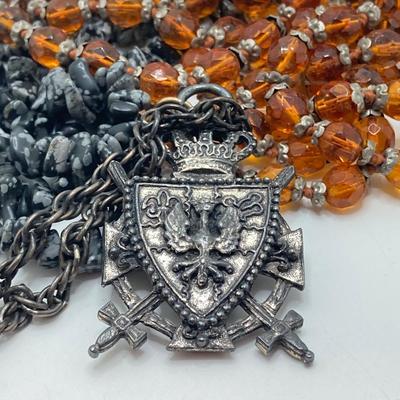 LOT 187: Vintage Signed Coro Double Sided Pendant Necklace, Beaded Necklaces, Mary Kay Charm and Scotland Scarf
