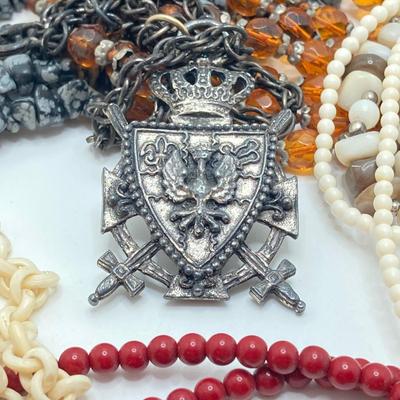 LOT 187: Vintage Signed Coro Double Sided Pendant Necklace, Beaded Necklaces, Mary Kay Charm and Scotland Scarf