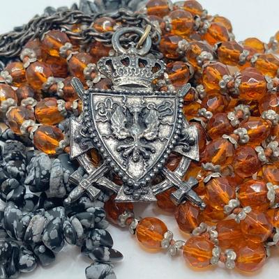 LOT 187: Vintage Signed Coro Double Sided Pendant Necklace, Beaded Necklaces, Mary Kay Charm and Scotland Scarf
