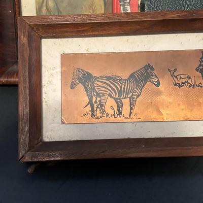 LOT 188: Copper Lion Trinket Tray, Framed Copper Art, Anthropomorphic Grasshoppers Playing Musical Instruments, Photos of Mounted...