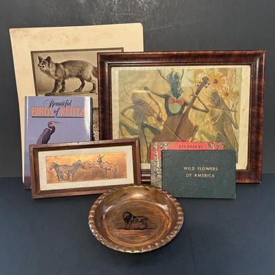 LOT 188: Copper Lion Trinket Tray, Framed Copper Art, Anthropomorphic Grasshoppers Playing Musical Instruments, Photos of Mounted...