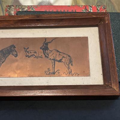 LOT 188: Copper Lion Trinket Tray, Framed Copper Art, Anthropomorphic Grasshoppers Playing Musical Instruments, Photos of Mounted...