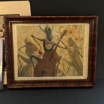 LOT 188: Copper Lion Trinket Tray, Framed Copper Art, Anthropomorphic Grasshoppers Playing Musical Instruments, Photos of Mounted...