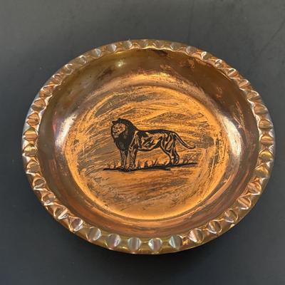LOT 188: Copper Lion Trinket Tray, Framed Copper Art, Anthropomorphic Grasshoppers Playing Musical Instruments, Photos of Mounted...