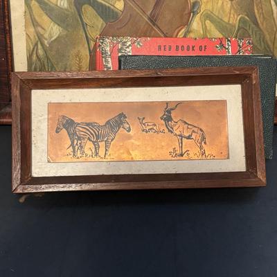 LOT 188: Copper Lion Trinket Tray, Framed Copper Art, Anthropomorphic Grasshoppers Playing Musical Instruments, Photos of Mounted...