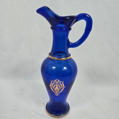 LOT 191: Colbalt Blue Glass Collection: Pitcher, Candlesticks, Plate and Vases