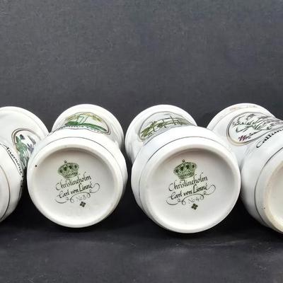 LOT 192: Four Christineholm Porcelain Spice Jar "Carl von Linne", Carnival Glass Platter, Vintage Salt Dishes w/Sterling Silver...