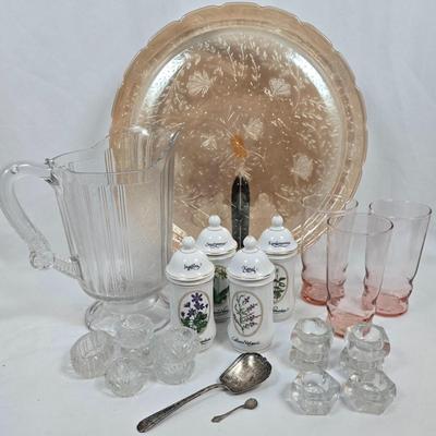 LOT 192: Four Christineholm Porcelain Spice Jar "Carl von Linne", Carnival Glass Platter, Vintage Salt Dishes w/Sterling Silver...