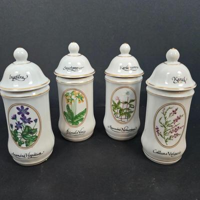 LOT 192: Four Christineholm Porcelain Spice Jar "Carl von Linne", Carnival Glass Platter, Vintage Salt Dishes w/Sterling Silver...