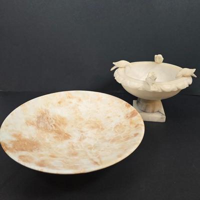 LOT 193: Vintage Alabaster Bird Bath/Holy Water Bowl and Alabaster Compote