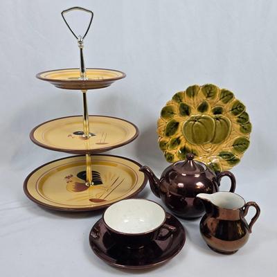 LOT 196: Vintage Stangl Pottery 3-Tier Tidbit Tray, Copper Lusterware Teapot & Creamer & More