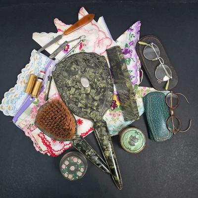 LOT 199: Ladies' Vanity Set with Vintage Handkerchiefs
