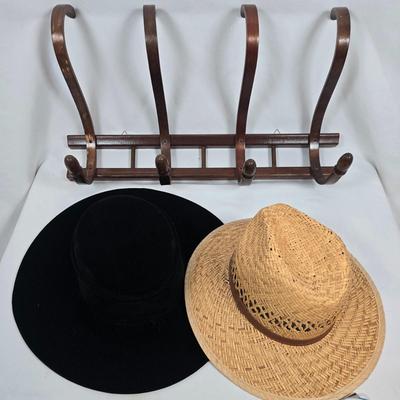 LOT 201: Hat Rack with Black Velvet and Straw Hats