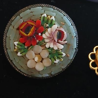 Vintage Brooch pins - Germany micro floral mosaic - Dutch Delft - W. Germany Scarf Clip - redwood burl brooch - Floral hatpin