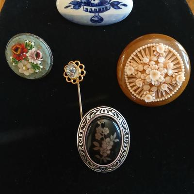 Vintage Brooch pins - Germany micro floral mosaic - Dutch Delft - W. Germany Scarf Clip - redwood burl brooch - Floral hatpin