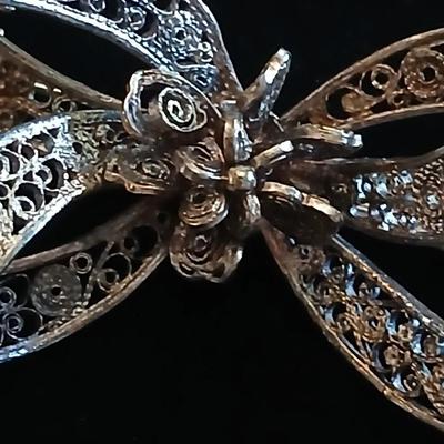 Vintage Amythyst rhinestone brooch -Filigree Sterling Silver Dainty Bow Brooch and a pair of vintage rose earrings